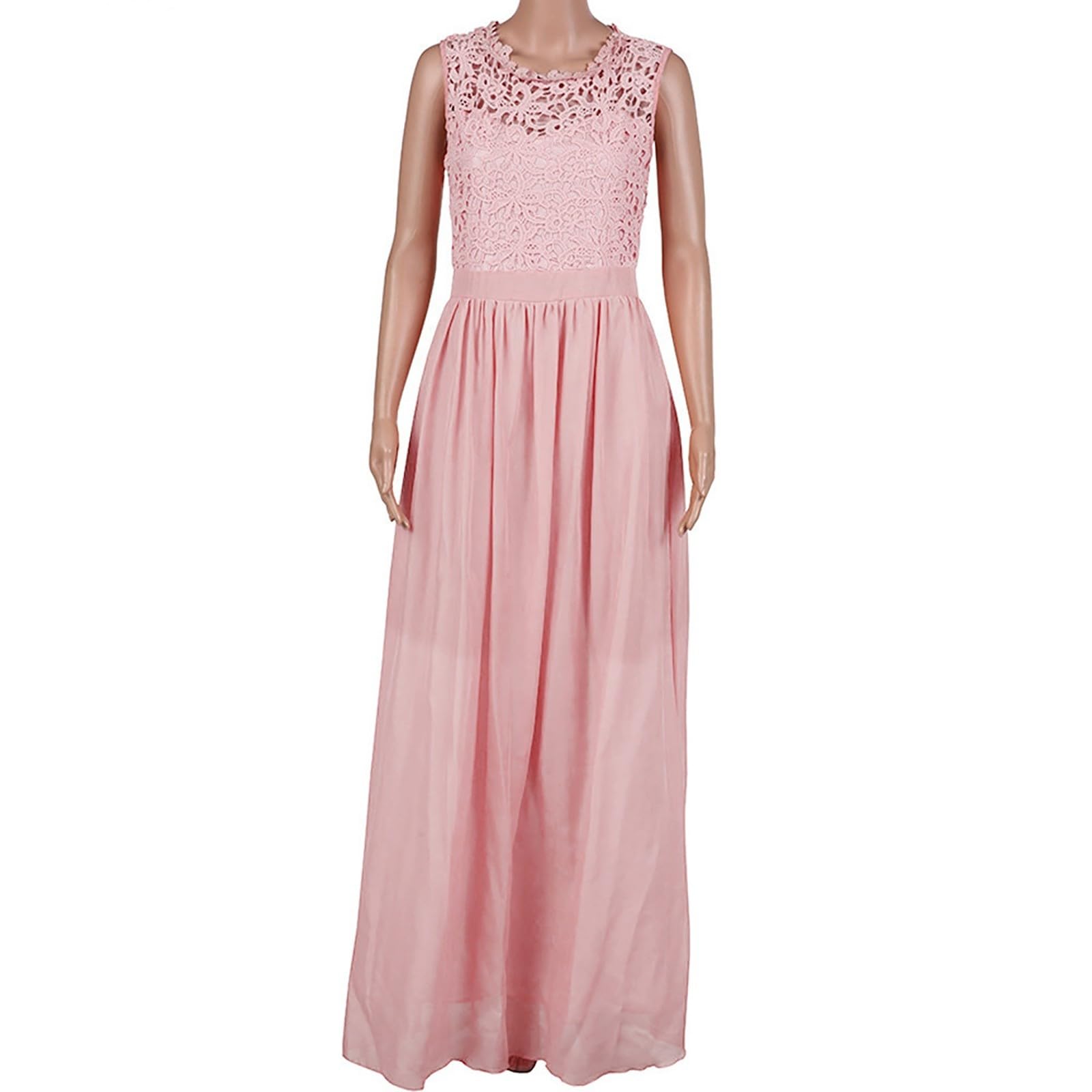 Abendkleid Lang Damen Elegant für Hochzeit Spitzen Rundhals ärmellos A Linie Chiffon Festlich Kleid Lange Ballkleider Brautjungfernkleider Cocktailkleid Spitzenkleid