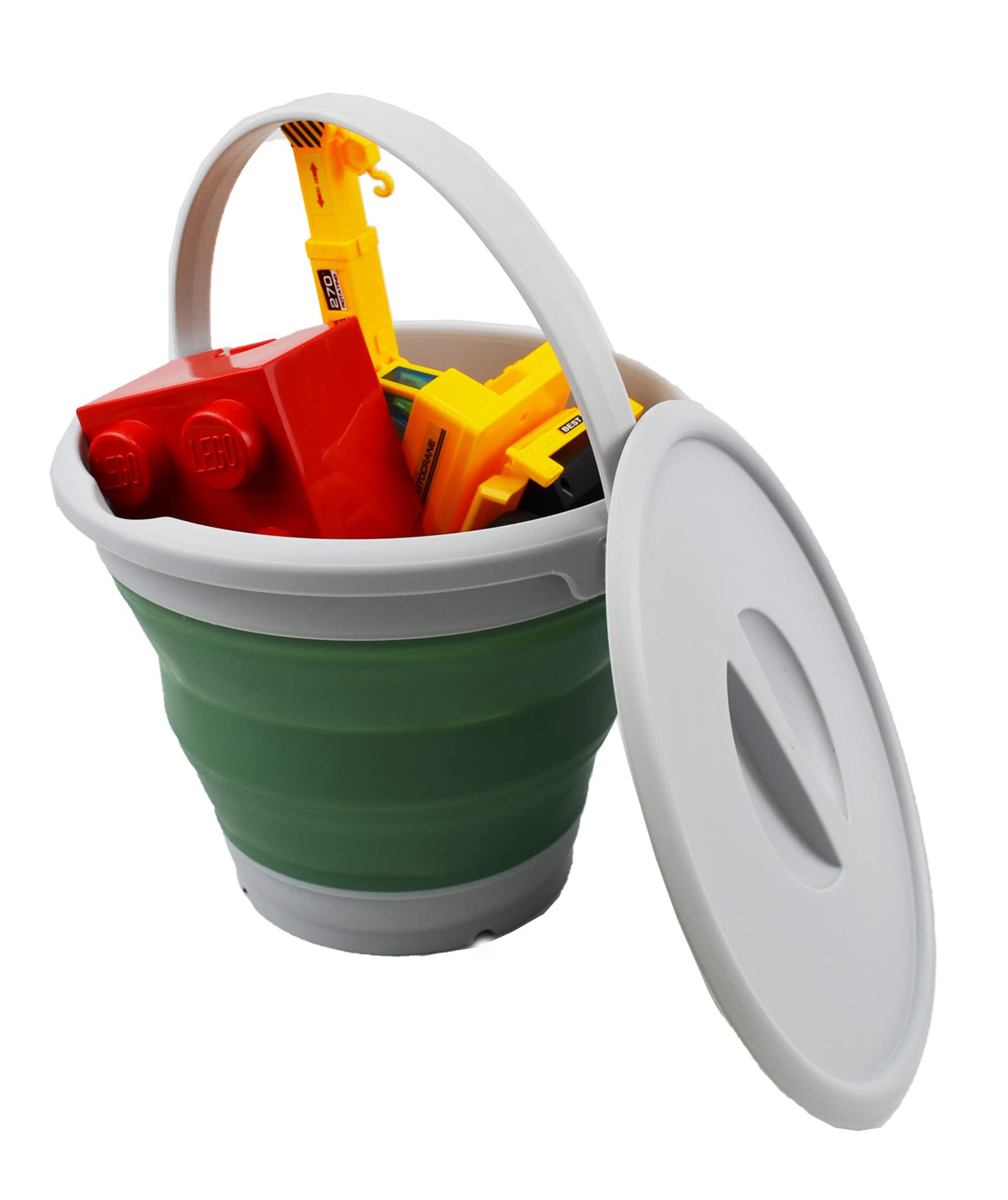 SAMMART Cubo de plástico plegable de 5.5 L con tapa, bañera redonda plegable con tapa, cubo de agua portátil para pesca, bote de agua para exteriores que ahorra espacio (gris/verde marino oscuro, 1)
