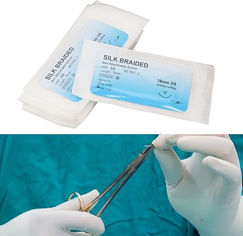 Miniatura 5 de Juego de sutura de 12 piezas, kit de sutura de hilo de seda con aguja curvada, hilo de práctica de sutura de herida para clínica, campo, emergencia,