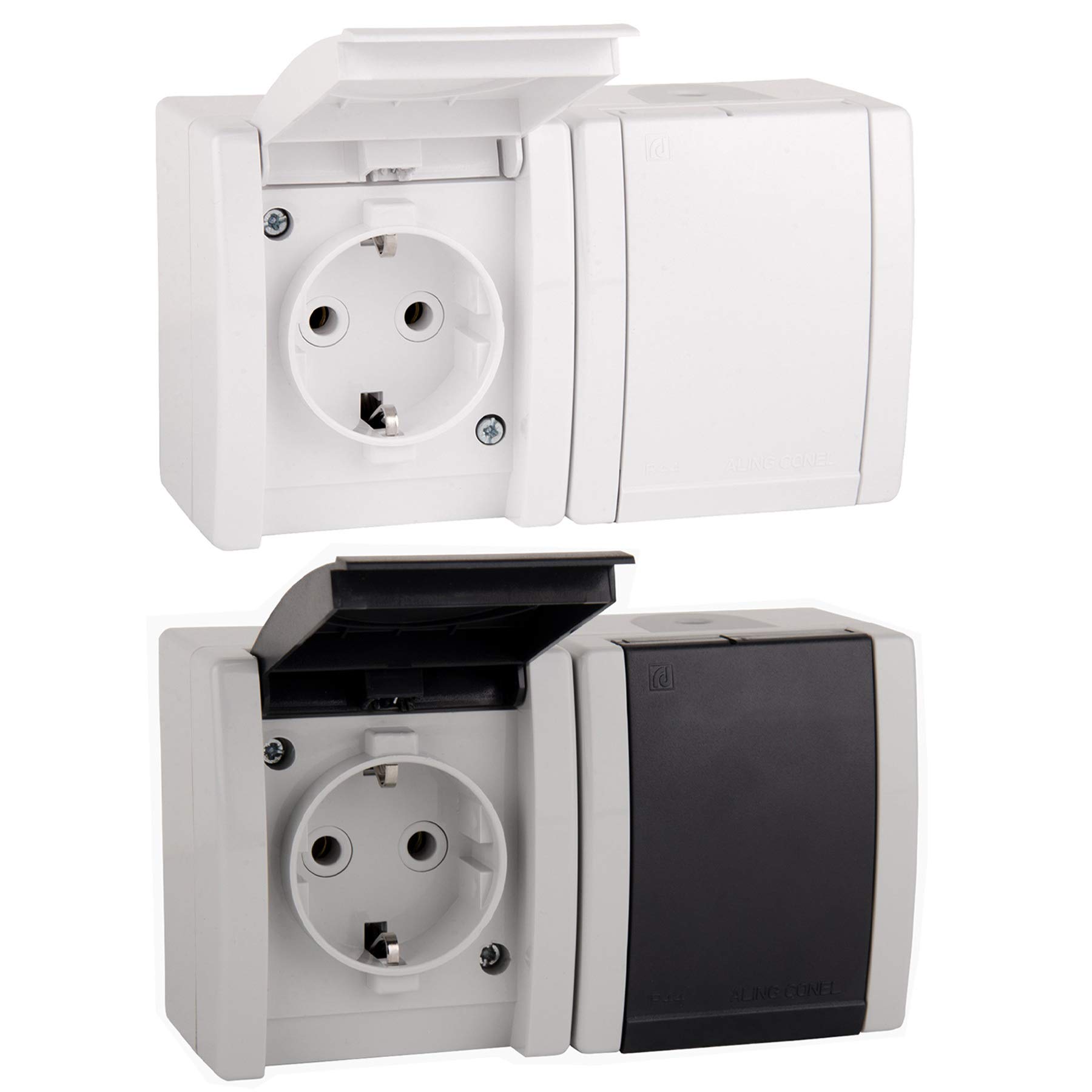 ALING-CONEL 2-fach Aufputz Schutzkontakt Steckdose mit Klappdeckel 16A/250V~ / IP44 - Weiß (10er Set)