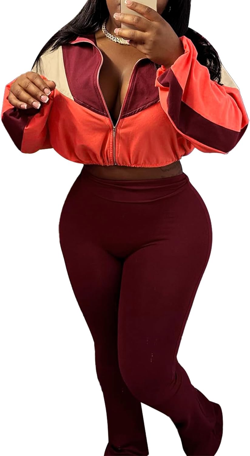 PUXOBYKU Women's 2 Piece Tracksuit Fall 2025 Long Sleeve Zip Up Jacket Flared Leggings Outfits Jogger Sweatsuit Sets