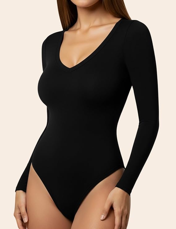 YOGINGO Women's Long Sleeve Deep V Neck Bodysuits Tops Going Out Body Suits for Women Fashion Tank Top Leotards Outfits