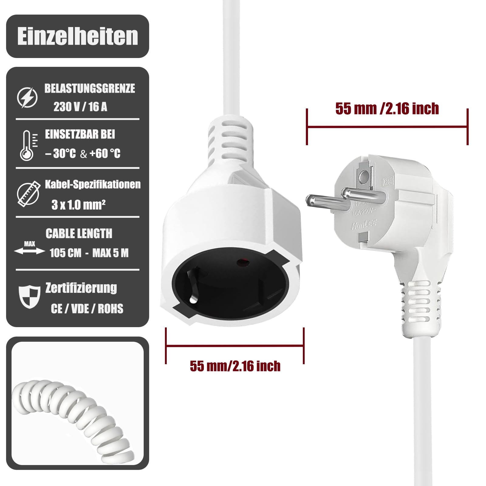 Frogetu Câble De Rallonge Schuko Spiralé 2m - 3x1.0mm² Rallonge Electrique Compacte Avec Prise Sécurité Pour Maison Et Bureau