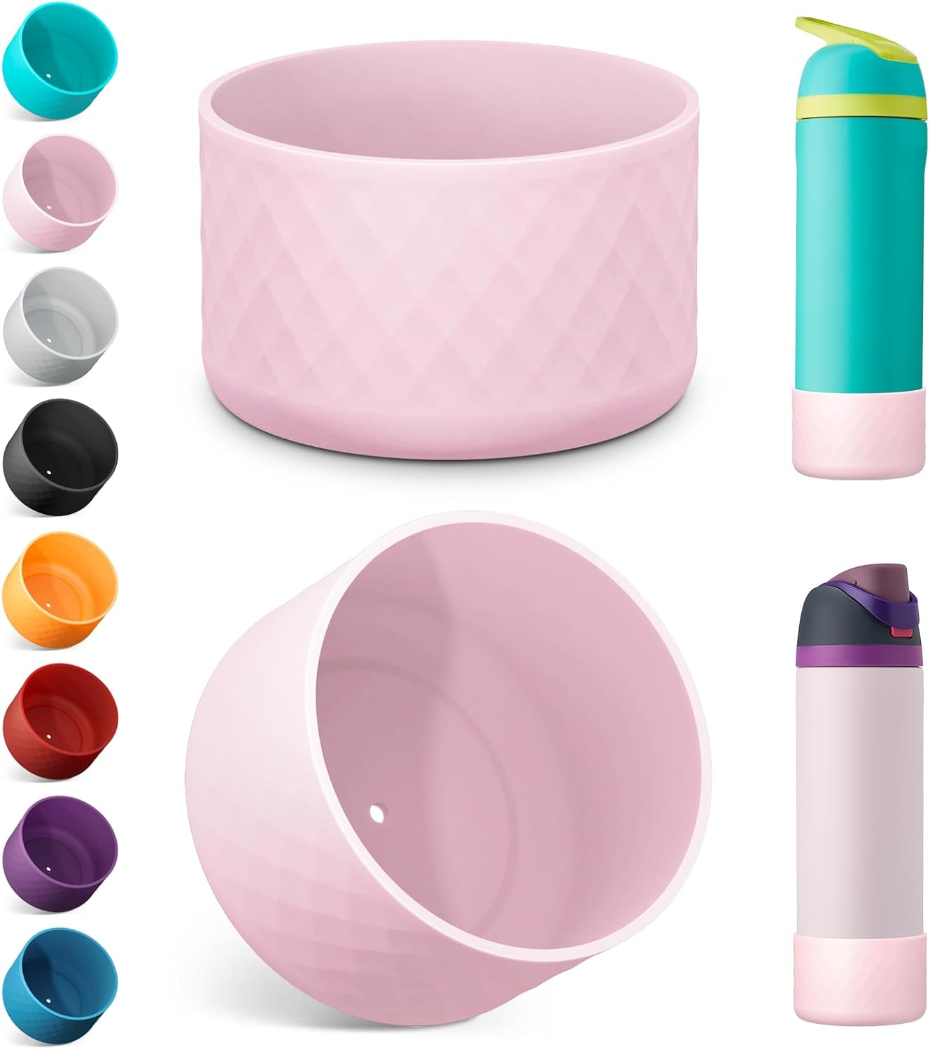 2PCS Silicone Water Bottle Boot for Owala 24oz, Protective Bottom Bumper Anti-Slip Sleeve for FreeSip, Twist, and Flip Stainless Steel Bottles, Dishwasher Safe and BPA Free(Pink) For 24oz Pink