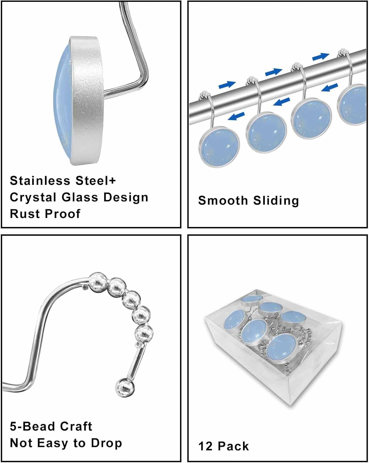Shower Curtain Hooks 12 Pcs, Minimalist Lines Leaves Flowers Blue Stainless Steel Rust Proof Rolling Shower Curtain Rings, Decorative Shower Curtain Hooks Hangers for Bathroom