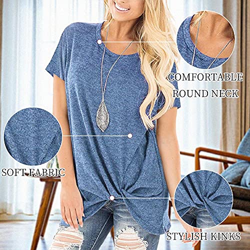 SHIBEVER Women's Tops Short Sleeve Shirts Twist Knotted T Shirts Round Neck Tunic Blue XXL