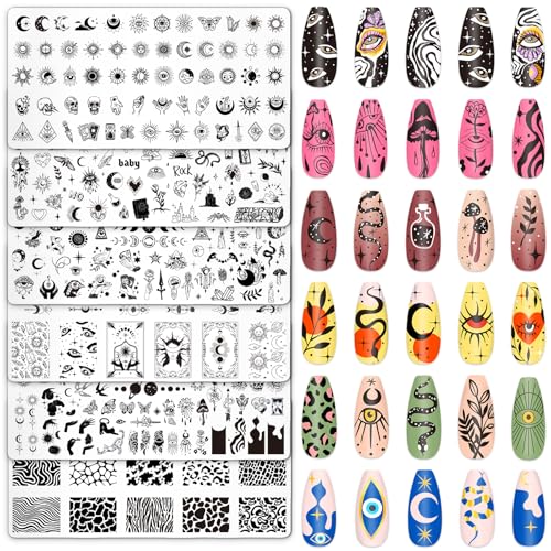Whaline 6Pcs Gothic Halloween Nail Plates Stamping Set Skull Evil Eye Moon Stamp Templates Halloween Nail Art Plates for DIY Print Manicure Salon Design