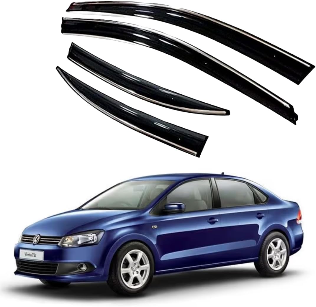 Premium Chromeline & Silverline Unbreakable Car Rear Window Wind Deflectors & Side Door Visor Rain Guard Compatible with (Volkswagen Vento (2010-2017))