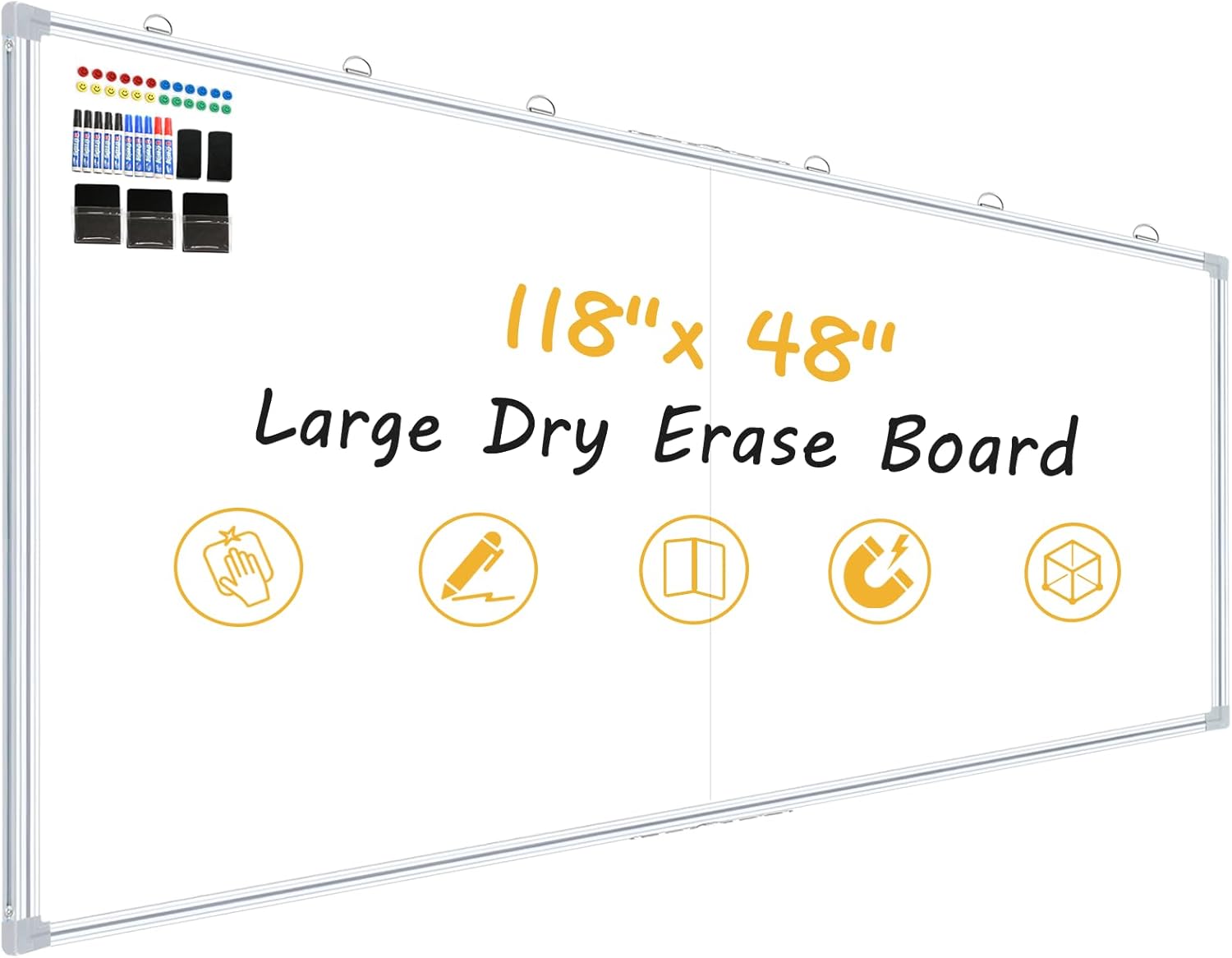 118"X48" Large Magnetic Whiteboard - Dry Erase Board, 10x4 Ft, Foldable Design, Non-Reflective Coating Surface Ultra-Wide Office White board, Silver Frame For Lecture Hall (Full Kit Included)
