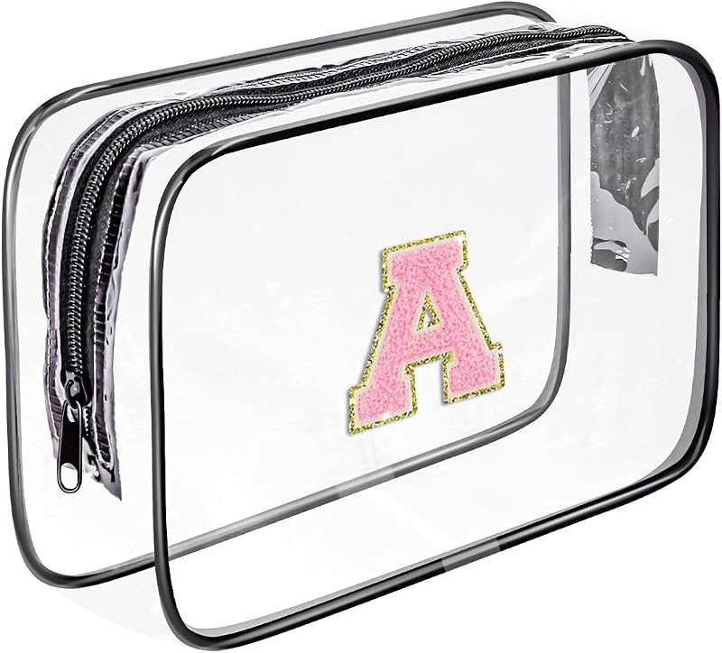 Necessaire transparente Fodofodo de viagem em PVC com zíper, estampa de letra em chenille, preta com letra rosa