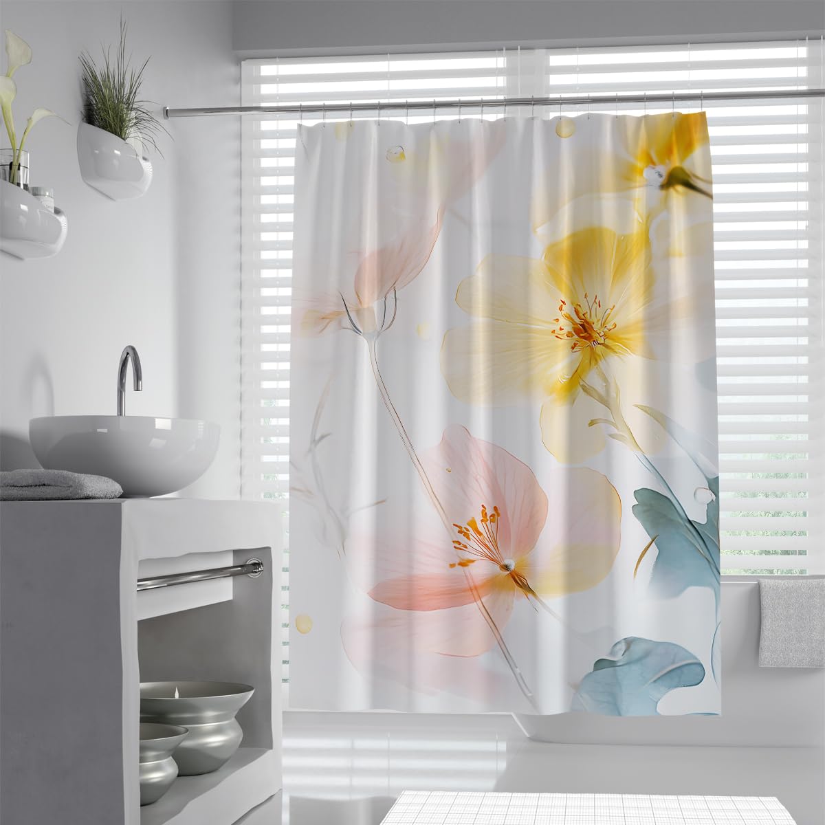 UIRINGART Soft Peach Yellow Botanical Flowers Shower Curtain W200xL200cm Vibrant Translucent Hibiscus Blossom Pattern Fabric Water Repellent Anti Mould Bathroom Curtain For Tub