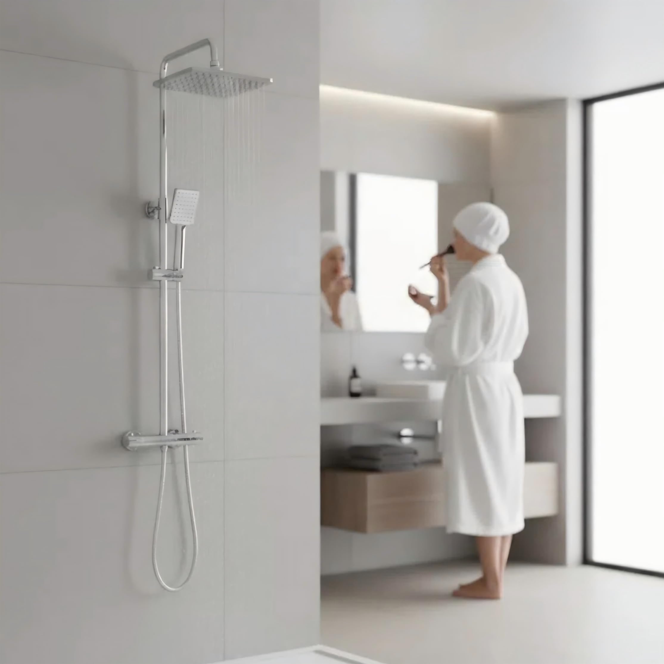 YOOZENA Thermostatic Shower Mixer Set,Overhead Rainfall Shower,Handheld Shower,Shower Mixer Bar,Height Adjustable Shower System for Bathroom,Chrome