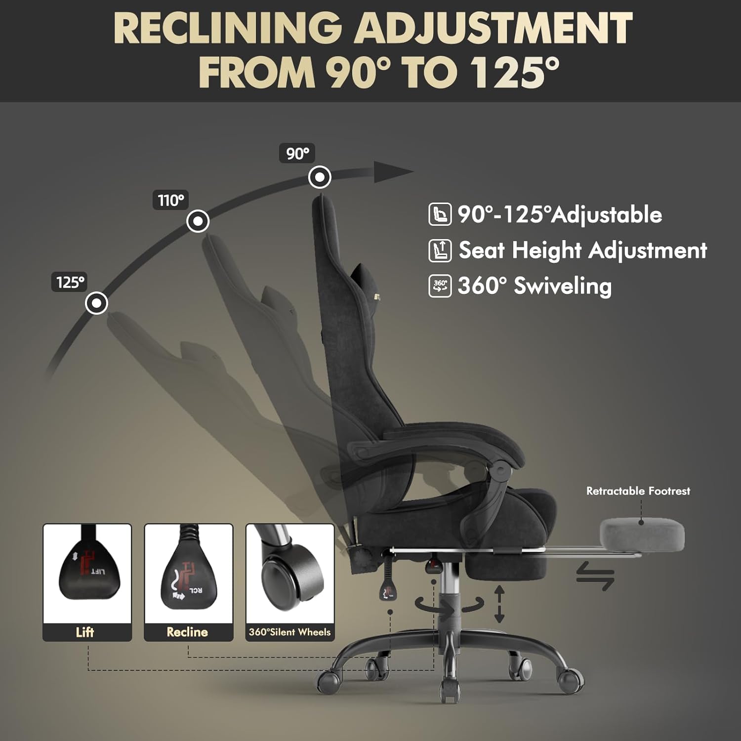 Soontrans Black Velvet Fabric Gaming Chair with Footrest, Reclining Office Computer Desk Game Chairs with Massage Lumbar Cushion,Headrest,Ergonomic Comfortable Video Gamer Chair for Adult