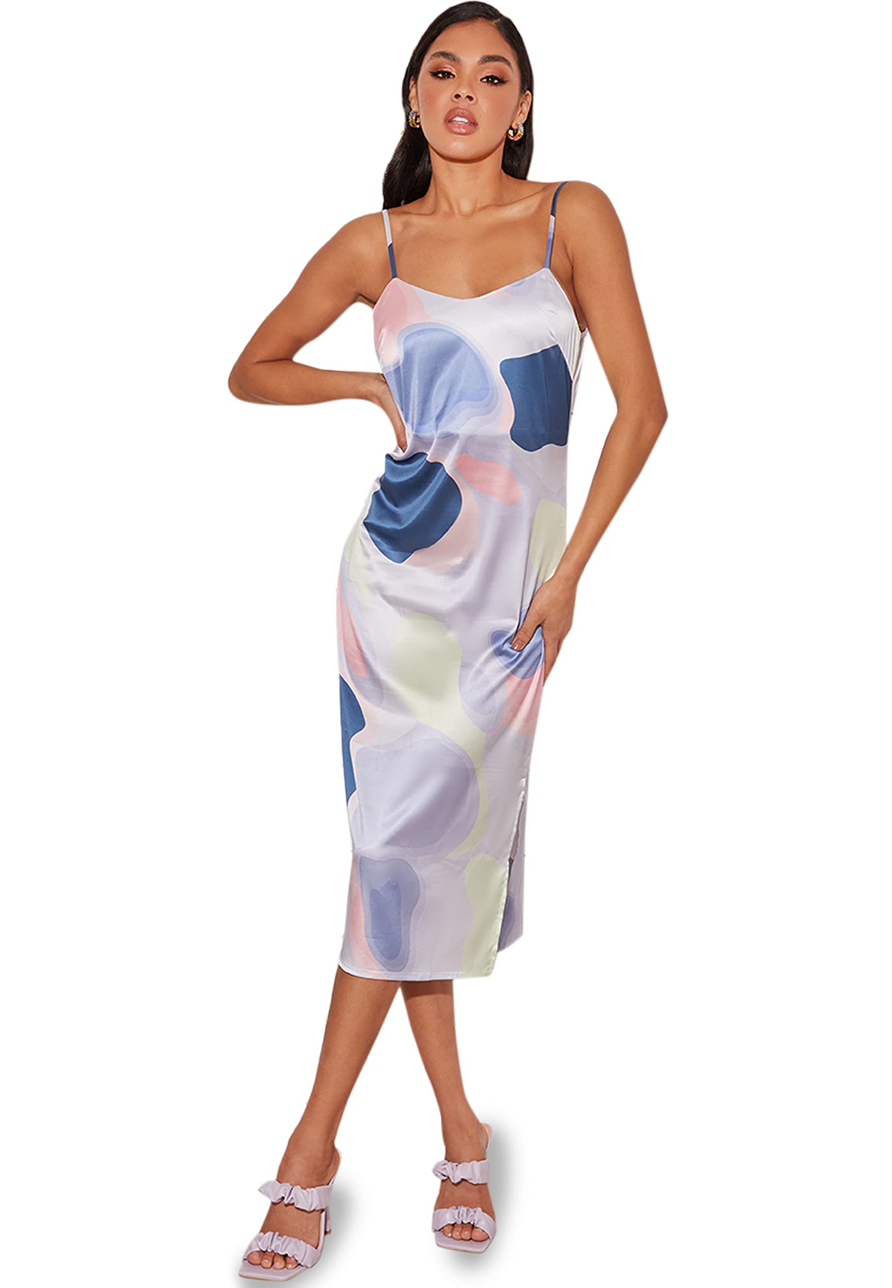 Robe midi imprimée abstraite pour mariage et cocktail chic de créateur