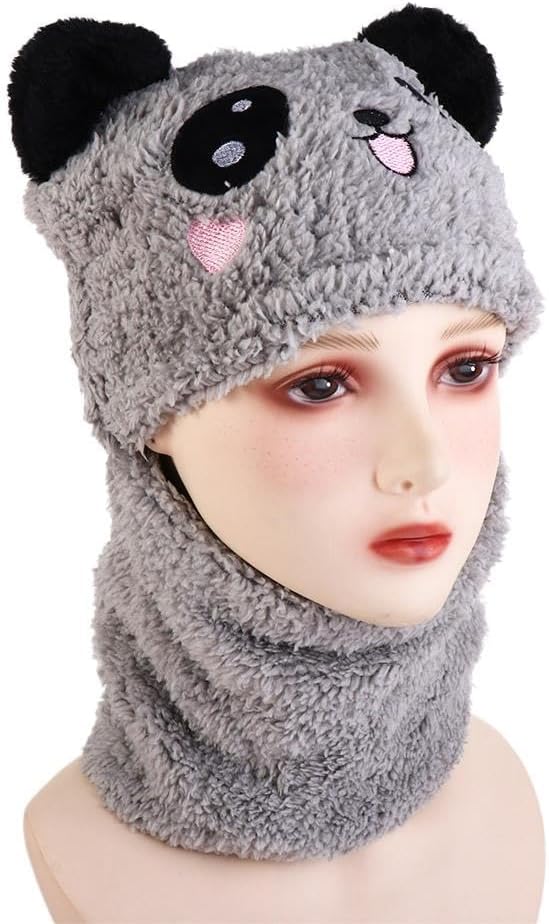 Pokinge 1Pcs Cute Panda Hats Scarf Set,Winter Warm Cartoon Panda Fleece Hat with Scarf Full Face Neck Cover Creative Windproof Plush Cap for Girl Boy Grey