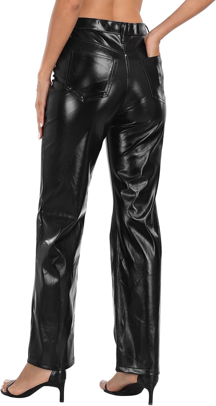 HDE Women's Shiny Metallic Faux Leather Pants High Waisted Straight Leg Trousers - Image 5