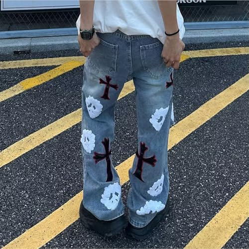 Baggy Jeans Men Grunge Distressed Cross Y2k Jeans Men Washed Ripped Skull Wide Leg Denim Pants Streetwear4