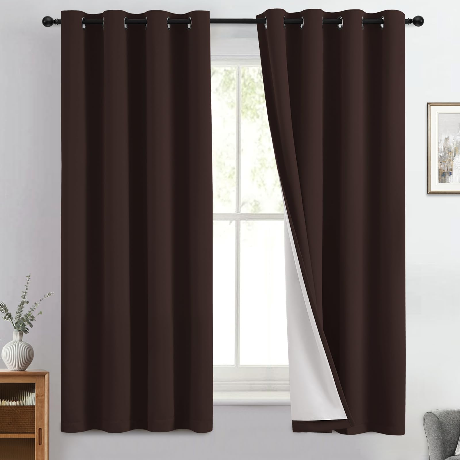 Yakamok Brown 100% Blackout Curtain Panels 63 inches, 50" Wide, 2 Panels — image 1