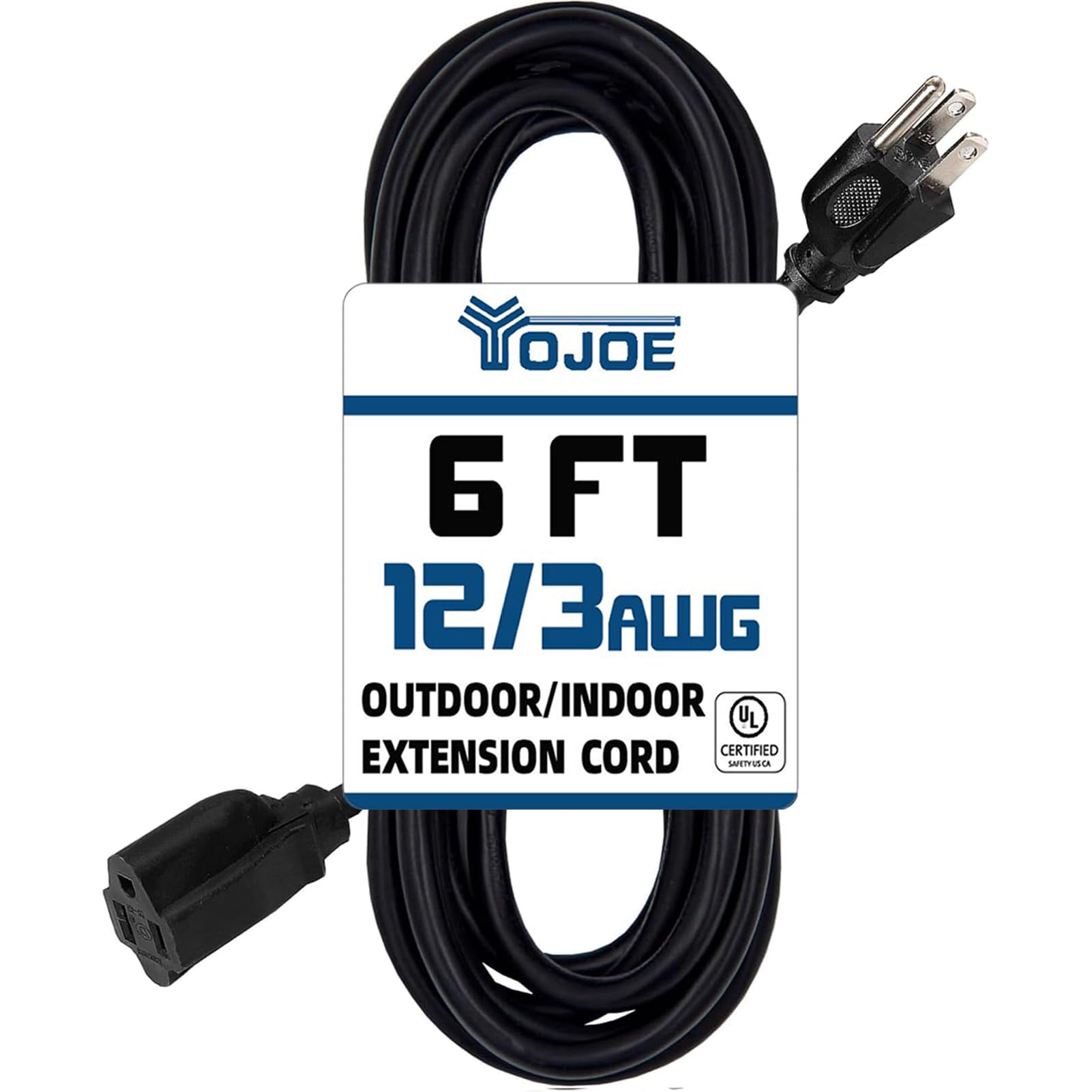 YOJOE - Cable de extensión para interiores y exteriores, cable de extensión de alimentación resistente a la intemperie, calibre 12, cable de extensión negro de 6 pies para cochera, jardín y hogar,