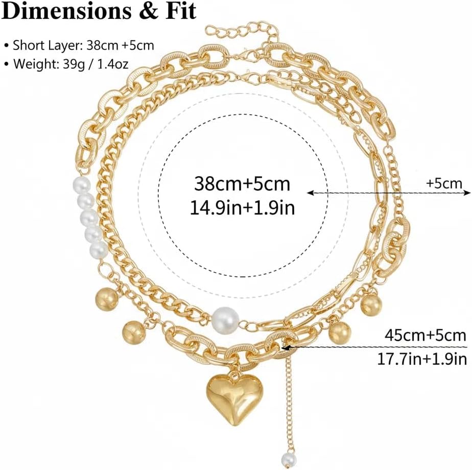 Chunky Heart Pendant Layered Necklaces for Women, Gold/Silver Puffy Heart Necklace Stack, Pearl Beads Thick Chain Stackable Choker Non Tarnish, Trendy Statement Jewelry Gift - Image 2