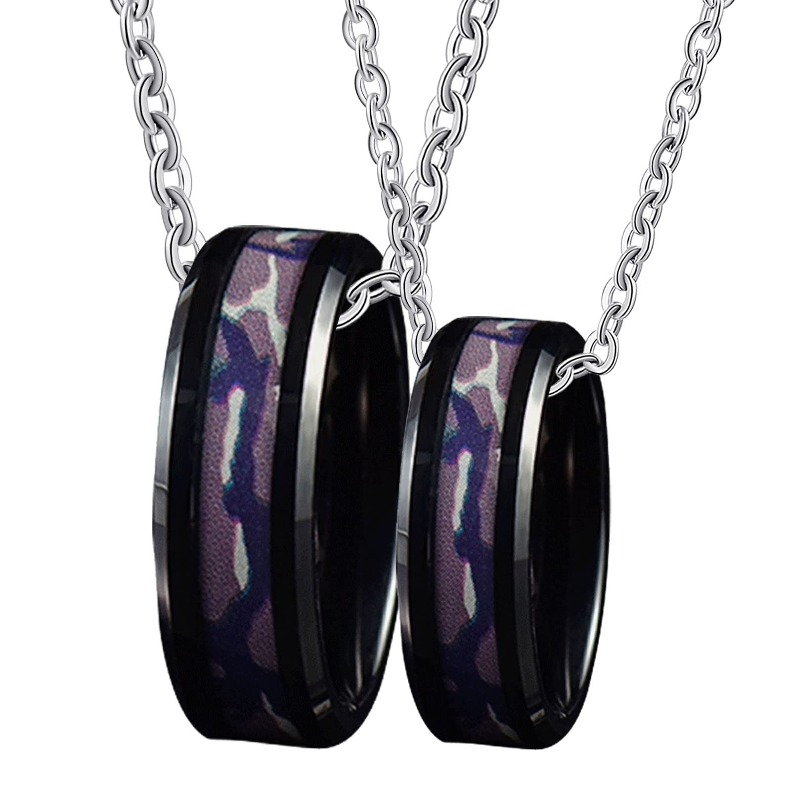 Collana coppia innamorata per 2, collana catena nera tungsteno 8 mm anello nero intarsio opale e legno regalo compleanno matrimonio