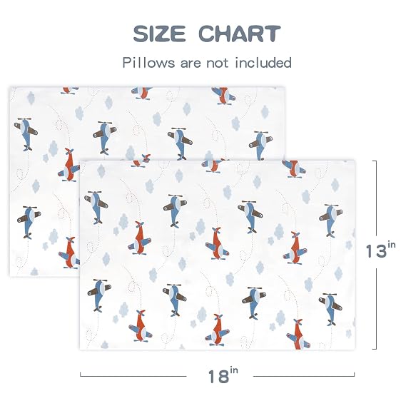 Zenssia Organic Cotton Toddler Pillowcases Pack of 2, 13x18 Inches Travel Pillowcase with Envelope Closure, Soft & Breathable Baby Pillow Case Cover, Airplane