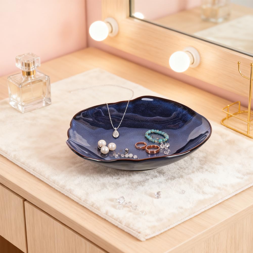 Bol décoratif en céramique bleu – Petit plat à bijoux de 26 cm, bol à fruits, à bonbons, bol à clés pour table d'entrée, plat à bijoux et bagues, plat fourre-tout en porcelaine pour cuisine, table de