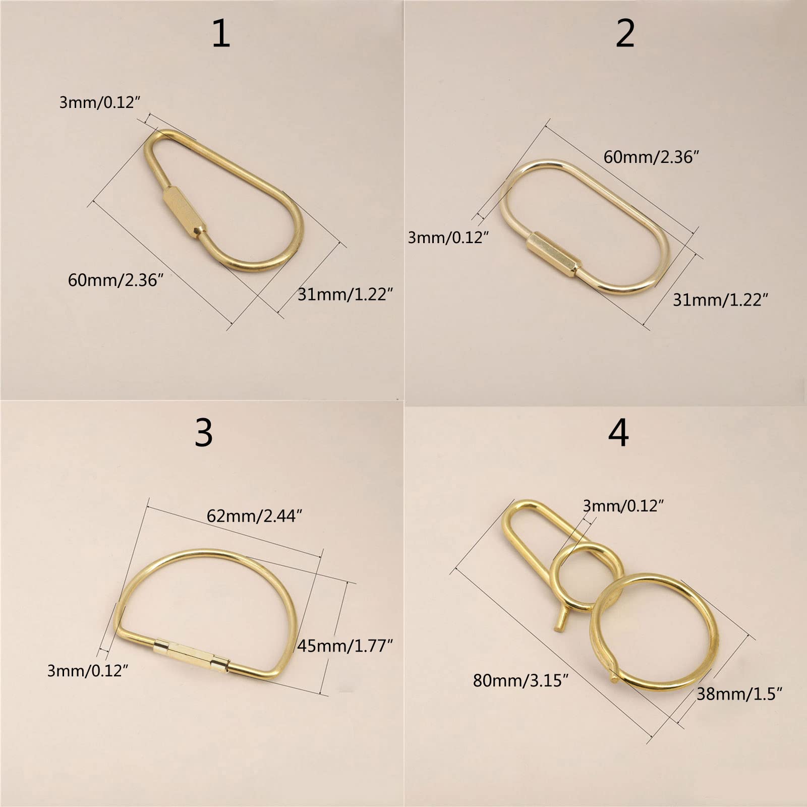 Portachiavi in ottone con chiusura a vite clip portachiavi moda portachiavi semplice moschettone clip gancio portachiavi a forma di D