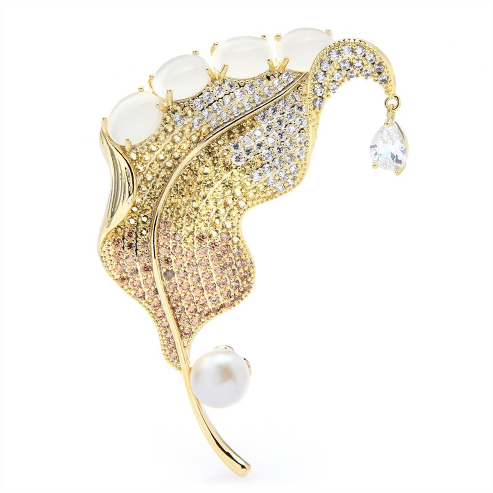 Damen-Brosche, Damenmode-Accessoires, Damen-Elegante Blatt-Brosche, Wassertropfen, Blume, Hochzeitsbankett-Brosche, modische Broschen (Metallfarbe: Gold)