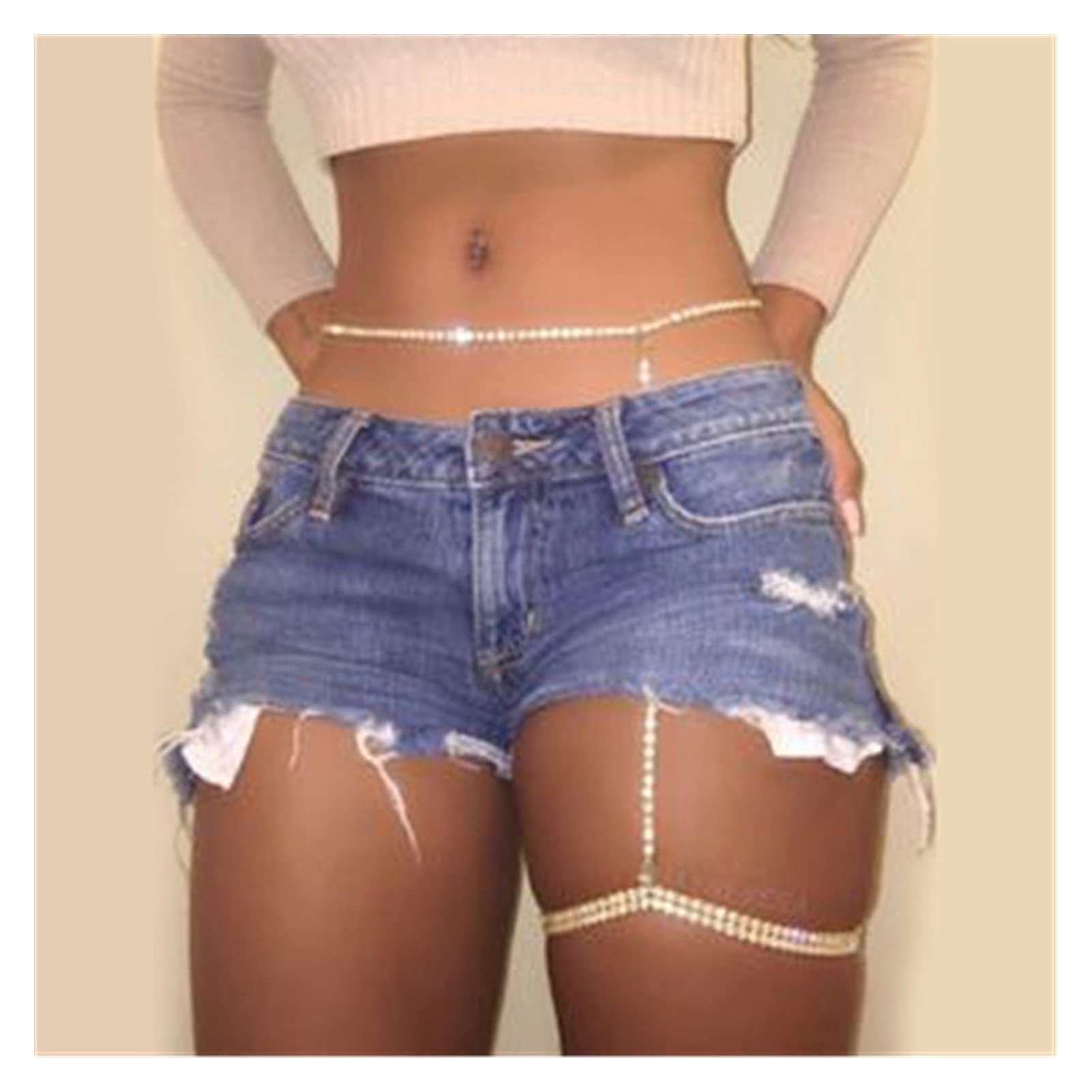 Body Chain Damen Kette - Goldfarbene einfache Strandkette mit Kreuzband für Taille und Bauch - Schwarze Harnaskette - Edler Schmuck für Damen - Accessoires