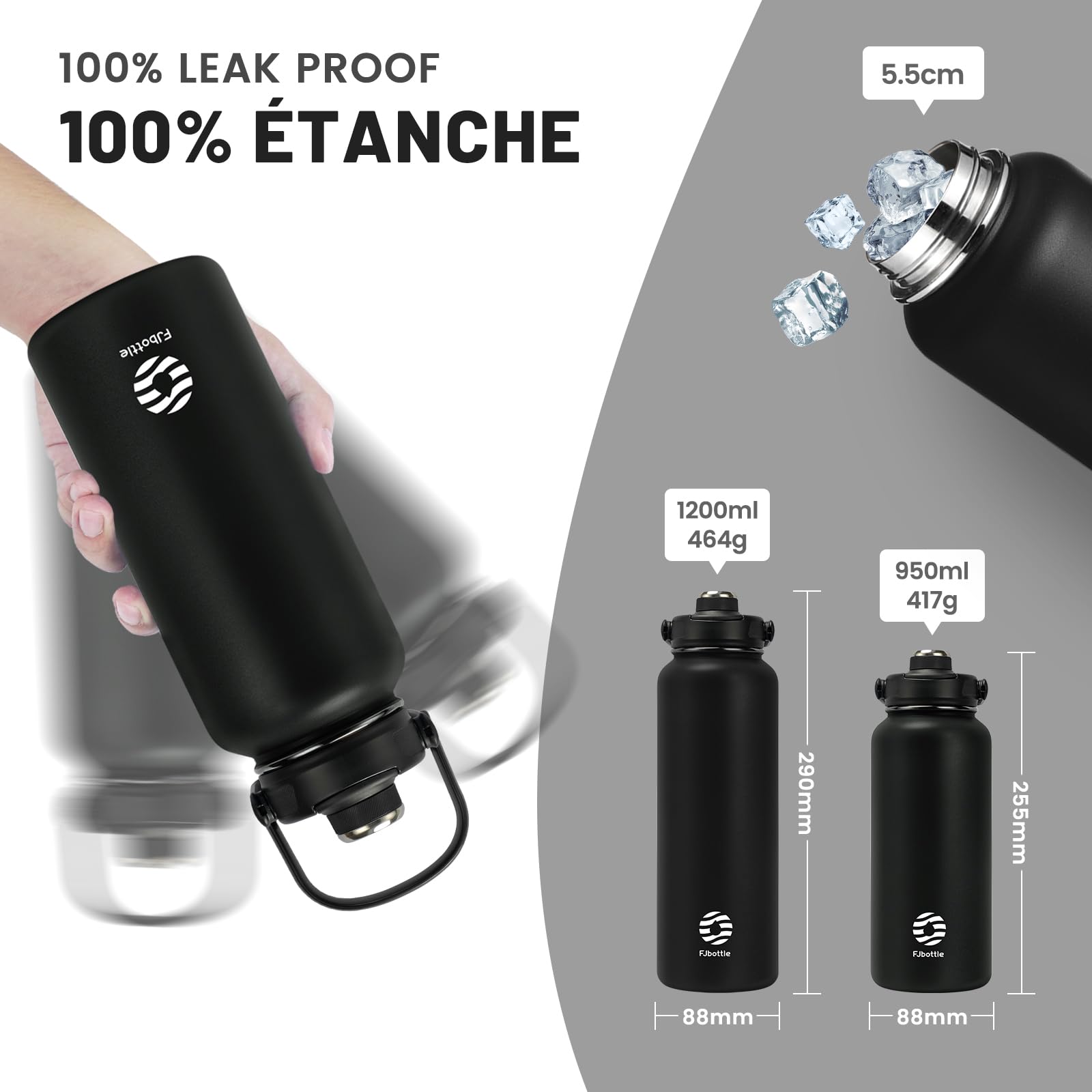 Fjbottle Borraccia Termica con cannuccia - 2xTappi - 950ML/1200ML Bottiglia Termica - Senza BPA/Senza Perdite Borracce acciaio inox per Scuola, Sport, Palestra, Ciclismo