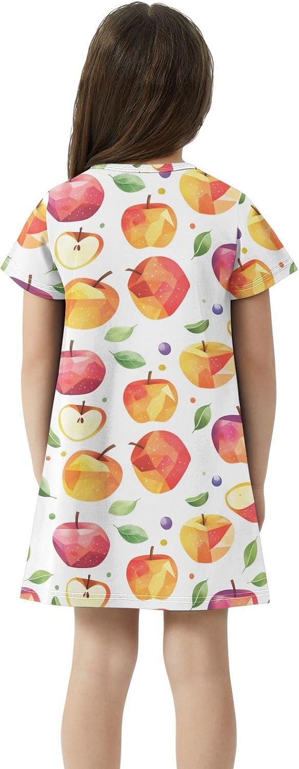 Geometric Apples Girls Dresses Summer Dresses for Girls with Cotton Short Sleeves for Casual a Line Dress Size 2-8Y