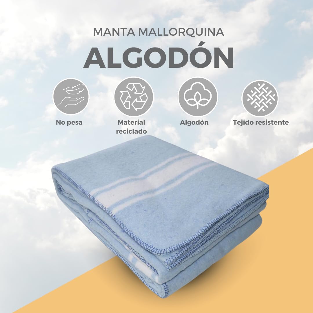 Manta Algodón Mallorquina para Cama o Sofá, Manta de Tacto Suave Ideal para Primavera, Relax o Yoga de algodón Reciclado Hecho en España 220x240 - Azul/Raya Blanca
