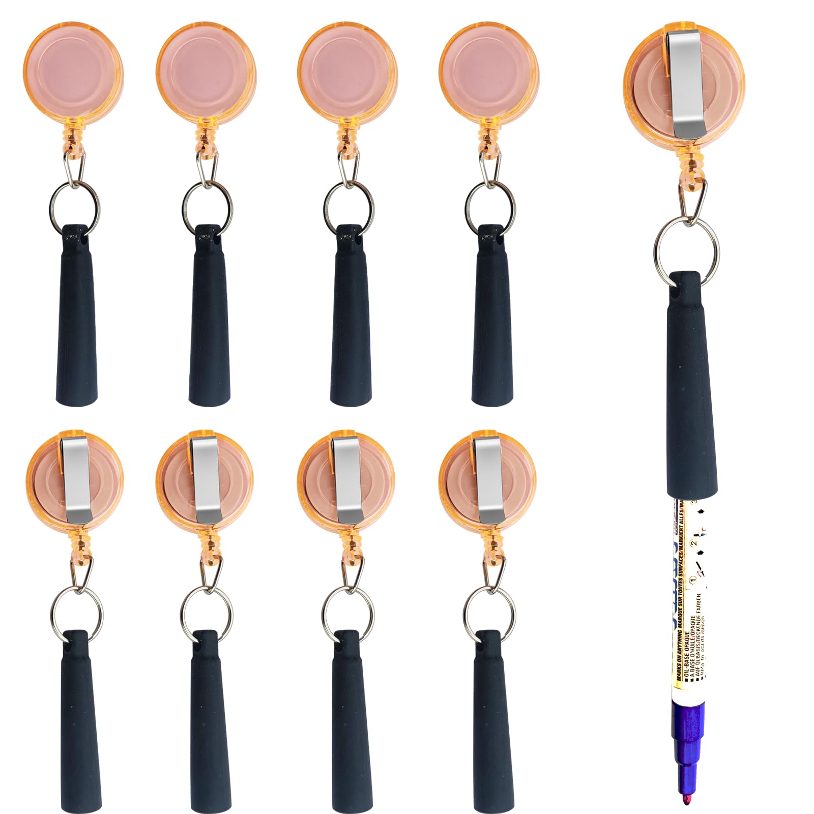 XILAOTOU Duty Retractable Pull Pen Holder -Thick Nylon Cable- Ideal for Markers & Carpenter Pencils, Self Retracting Reel & Tight Metal Belt Clip,8 Pack Transparent Orange