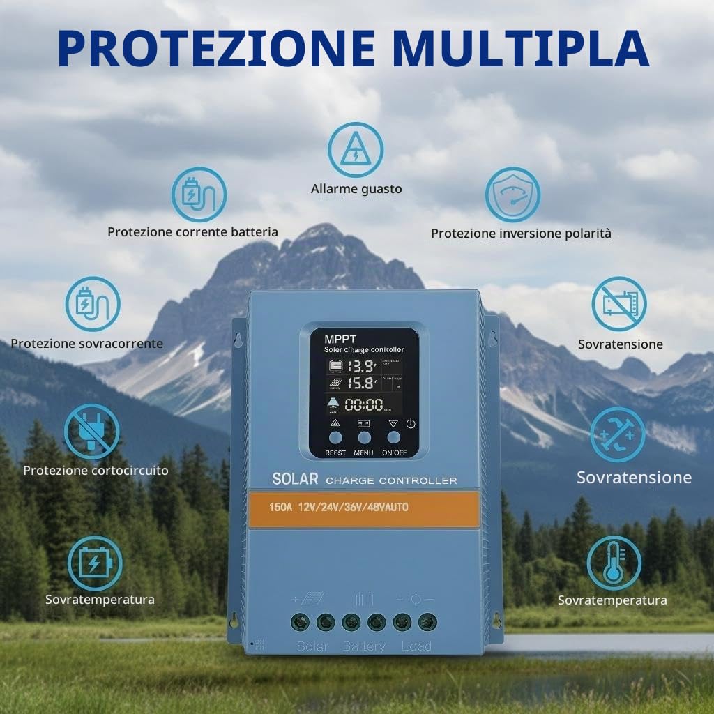 Regolatore di carica solare 150A 12V 24V 36V 48V Indicatore LCD di riconoscimento intelligente Regolatore intelligente della batteria Ingresso massimo 100V Doppio USB per batterie al piombo/litio