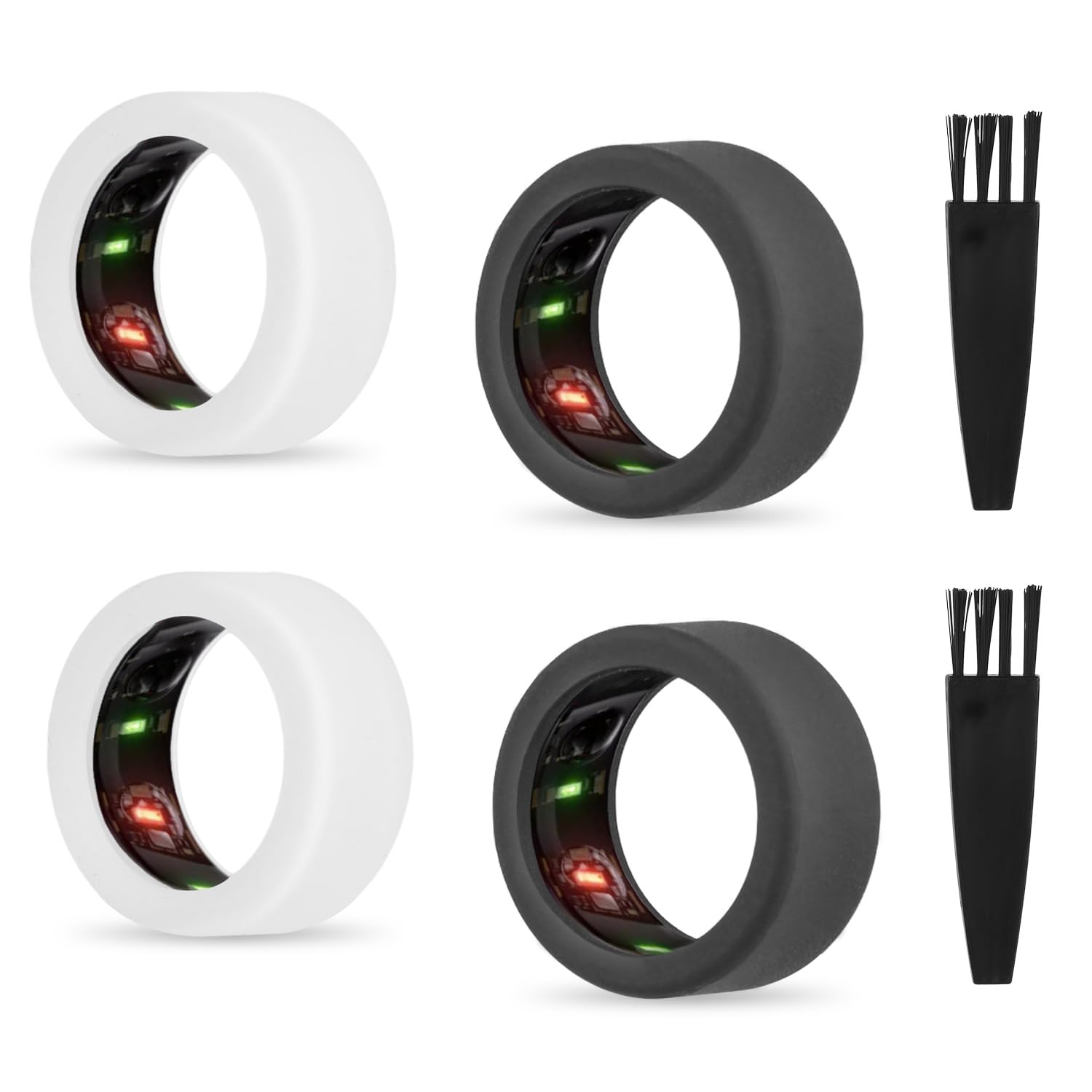 4uds Funda de Anillo Silicona para Oura Ring Gen 3 Protector, Funda Protectora Anillo Inteligente Elástica con 2 Cepillos de Limpieza para Hacer Ejercicio Blanco y Negro