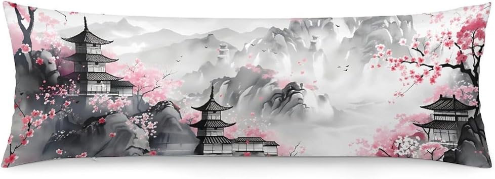 Japanese Cherry Blossom Body Pillow Cover 20"x54", Soft Brushed Microfiber Long Pillow Case, Decorative Cushion Shell with Hidden Zipper for Bed Sofa Home Decor