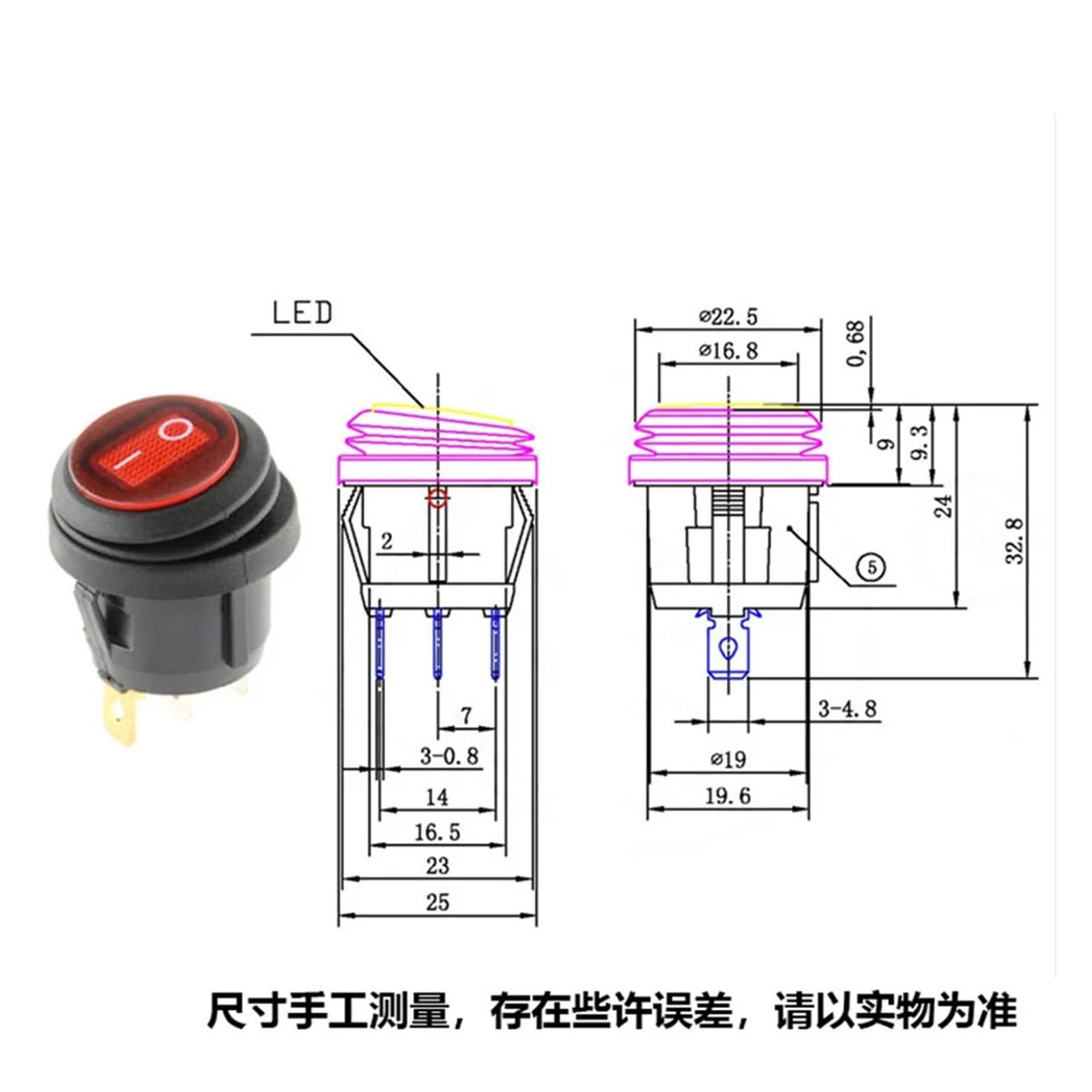 1 Mini Interruptor Basculante Redondo Resistente Al Agua KCD1, Encendido/Apagado, 3 Pines, 6 A 250 V CA/10 A 125 CA(3p On-Off-on)