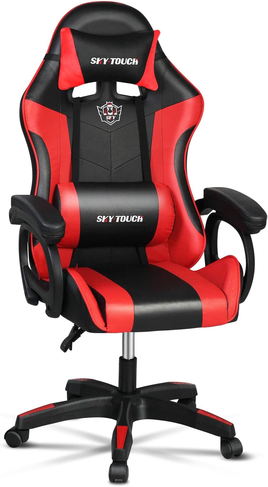 SKY-TOUCH Gaming Chair, Ergonomic computer Chair with Adjustable Height & Armrest,Head & Lumbar Support Pillow,PU Leather,Reclining Chair PC Office Chair, High Back,440 LBS, Red - 60x53x120cm