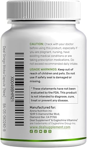 Miniatura 2 de DEAL SUPPLEMENT Ginkgo Biloba 500mg por porción, 240 cápsulas, suministro de 4 meses - Cultivado en el norte de Asia - Extra fuerte, promueve la