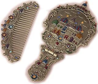 Russian Castle Handheld Mirror Comb Oval Vanity Cosmetic Mirror Folding Handle Handheld Makeup Mirror for Home Travel