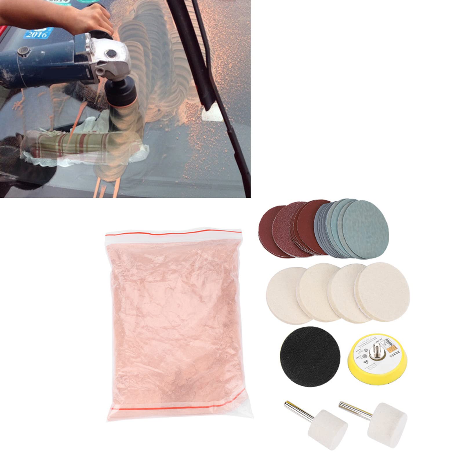 Kit de Pulido de Vidrio, Kit de Bricolaje para Pulir Vidrio y Parabrisas, Juego de Eliminación de Rayones de Papel de Lija Discos Abrasivos de Dióxido Ceric Almohadilla de Pulido