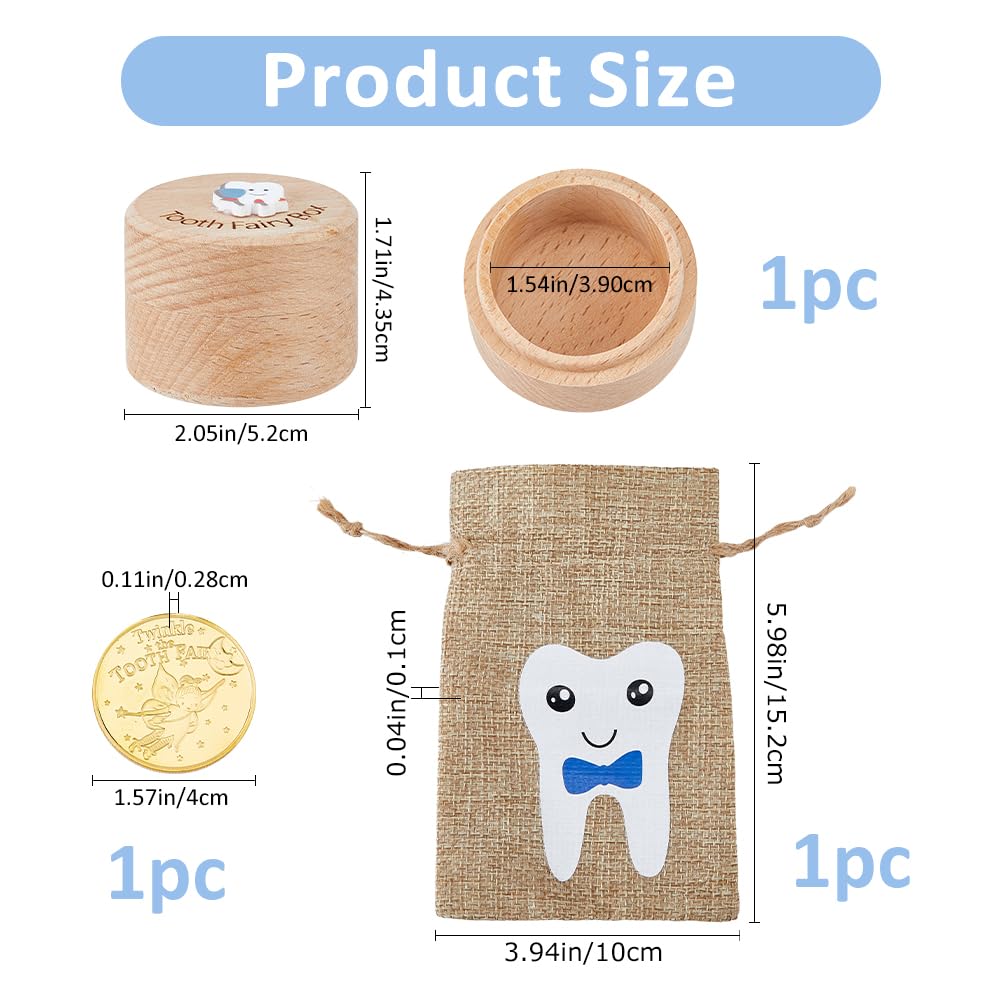 SUPERFINDINGS 1 Set Wood Tooth Fairy Box with Fairy Reward Coin and Linen Pouches Blue Dropped Tooth Keepsake Collection Storage Box for First Lost Teeth Fairy Gifts - Image 2
