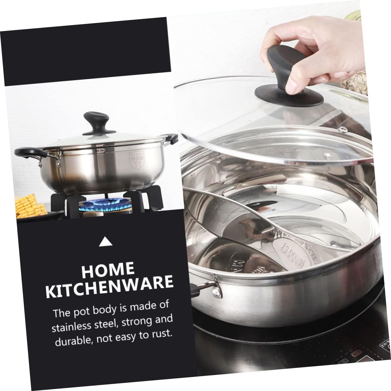 VOSAREA 1pc Two Sided Pot Electric Gas Induction Cookware Stainless Steel Hot Pot Handles Kitchen Supply