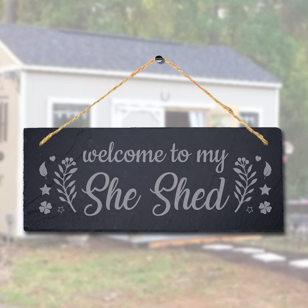 Stukk Welcome to My She Shed Laser Hanging Garden Home Sign, Natural Engraved Slate Stone Plaque, 30x12cm (Large)