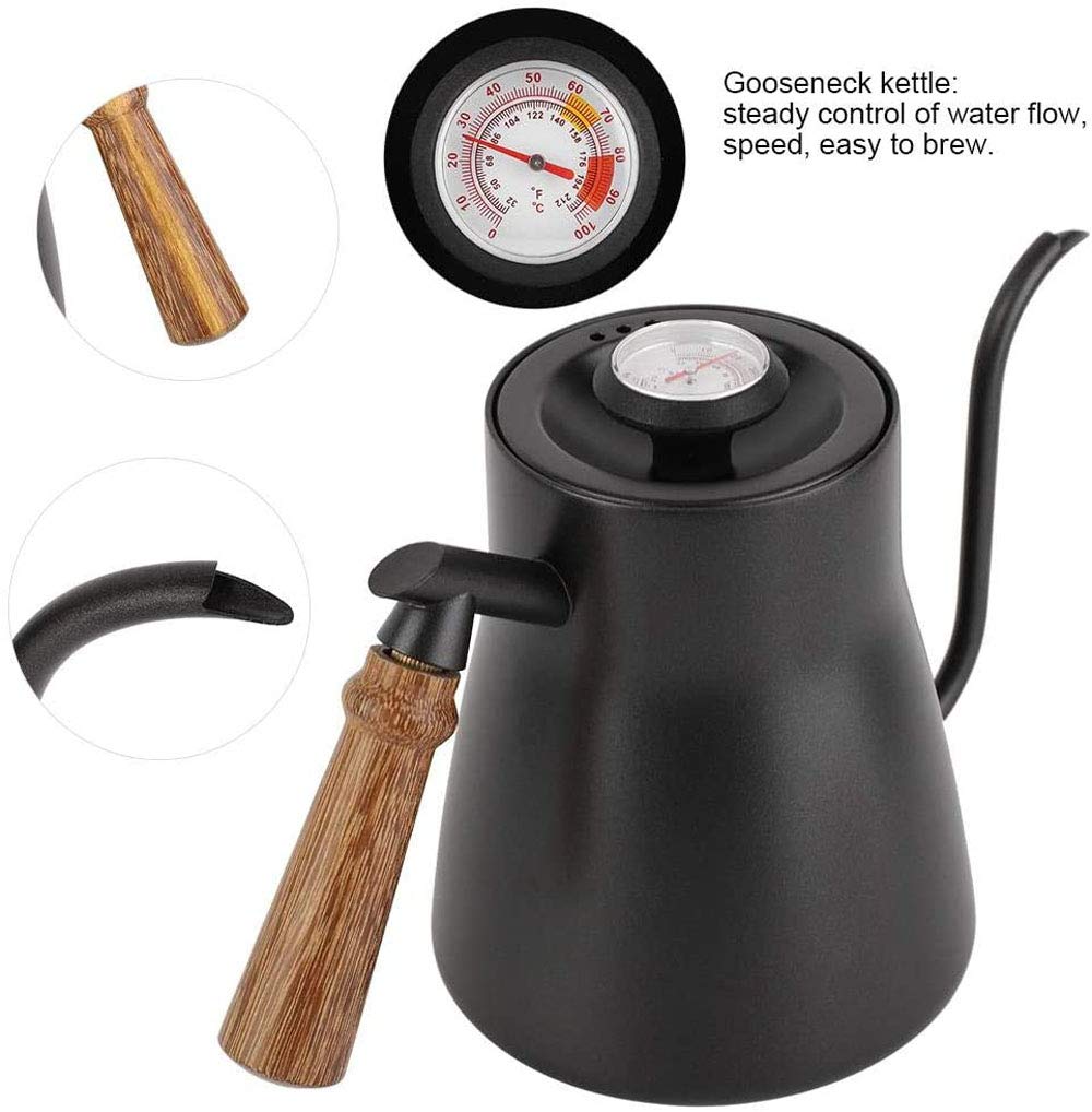 POEFT Czajnik do kawy 850ML/28oz z wbudowanym termometrem ze stali nierdzewnej z gęsią szyją, długa wąska wylewka, dzbanek do kawy z izolowanym drewnianym ergonomicznym uchwytem