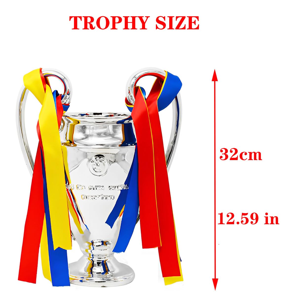 Réplique Trophée de la Ligue des Champions,Trophées des Champion d'europe De Football avec 3 éVentails De Rubans De Couleur Décorations pour La Maison Collection Ornements D'affichage,32cm