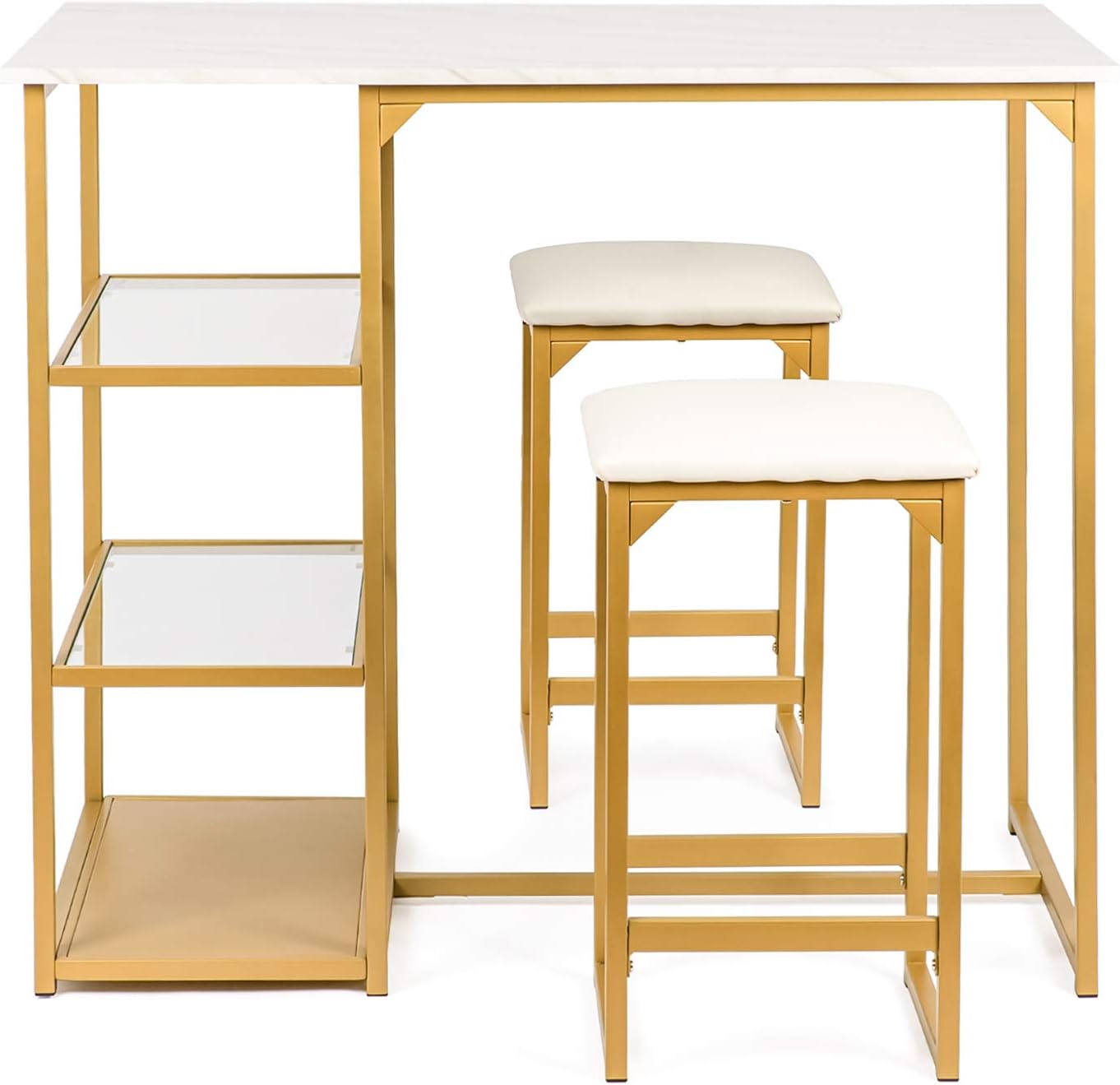 BAHOM 3 Piece Bar Table Set, Kitchen Bar Table with 2 Bar Stools, Height Dining Table Set with 3 Open Storage Shelves for Home, Kitchen, Bistro, Restaurant, Small Space (Golden)