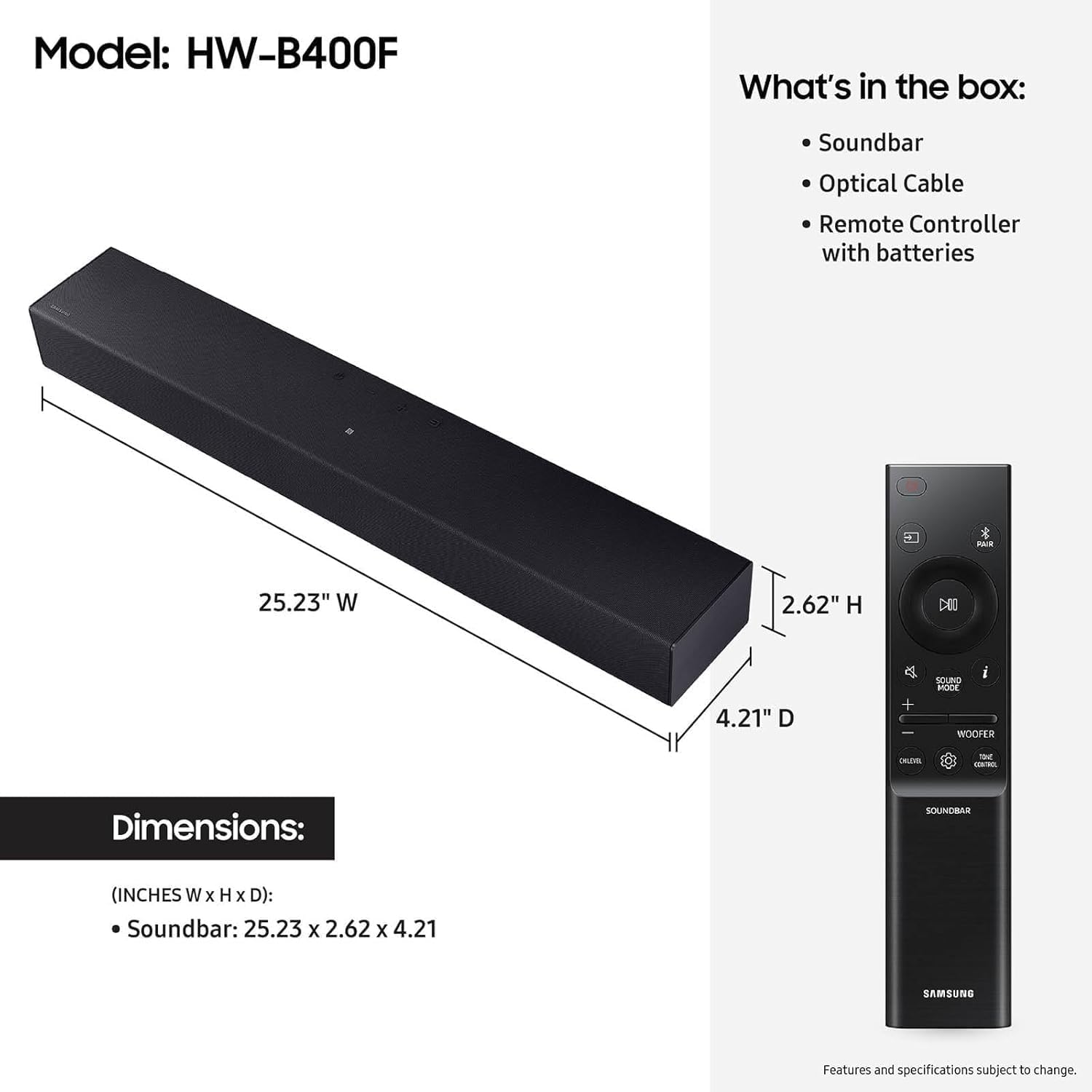 Samsung S-Series HW-400F 2.0ch with Built-in Woofer, Voice Enhance & Night Mode, Surround Sound Expansion, Adaptive Sound, Movie & Gaming