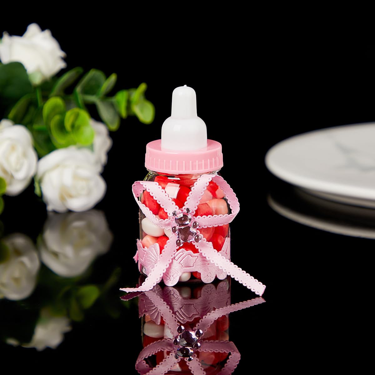 Babyshower mini fiolki na smoczek, mini realistyczne buteleczki, mały dekoracyjny smoczek jako prezent, dekoracja na baby shower, słodkie cukierki i czekoladowe buteleczki na imprezy dla chłopców i